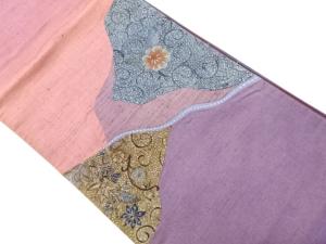 手織り紬切り嵌め刺し子花唐草模様袋帯